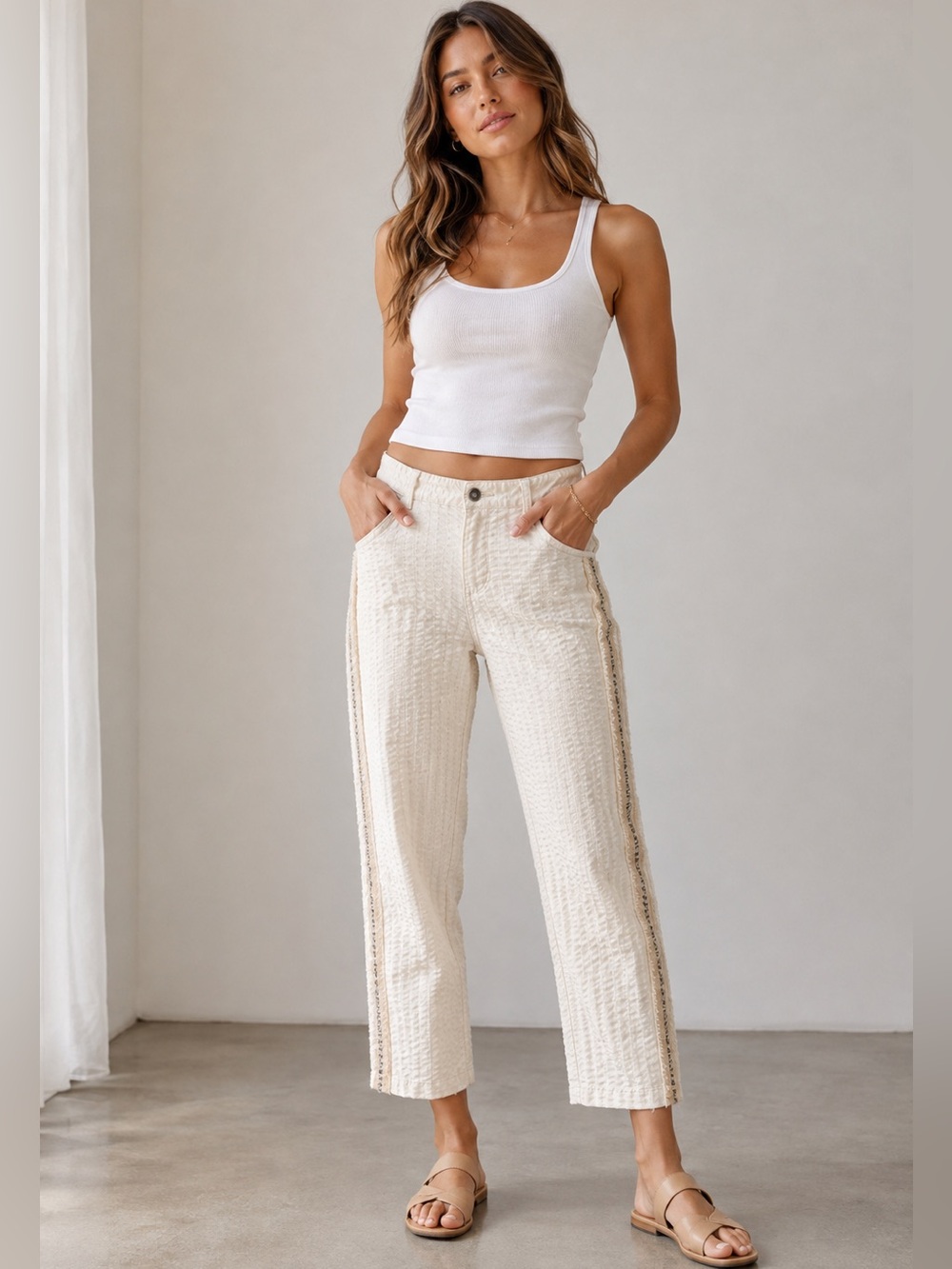 White Sand Italy Textured Beaded Cropped Pants 42/6 Ivory Capri Ankle Pants NWT